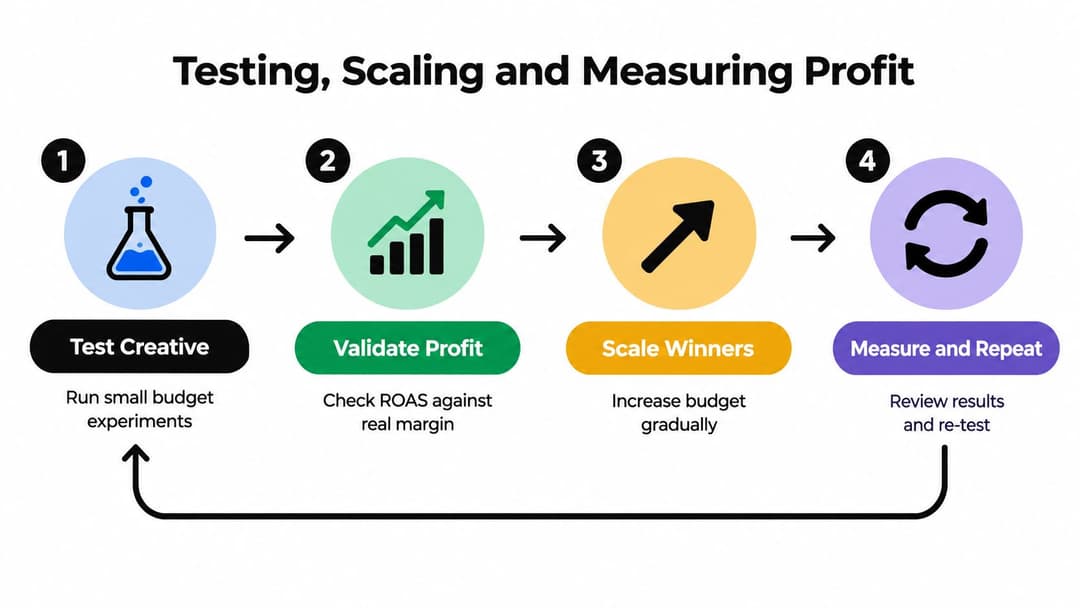 A four-step process for testing, scaling, and measuring profit in online advertising campaigns using data analysis.