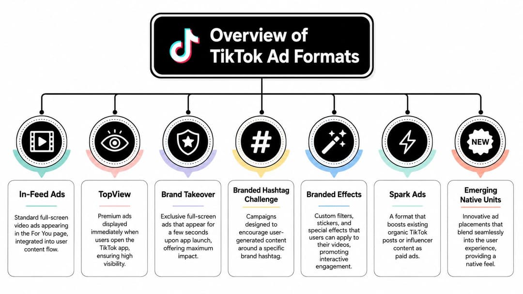 A visual flow chart explaining various TikTok advertising formats including In-Feed, TopView, and Branded Hashtag Challenges.