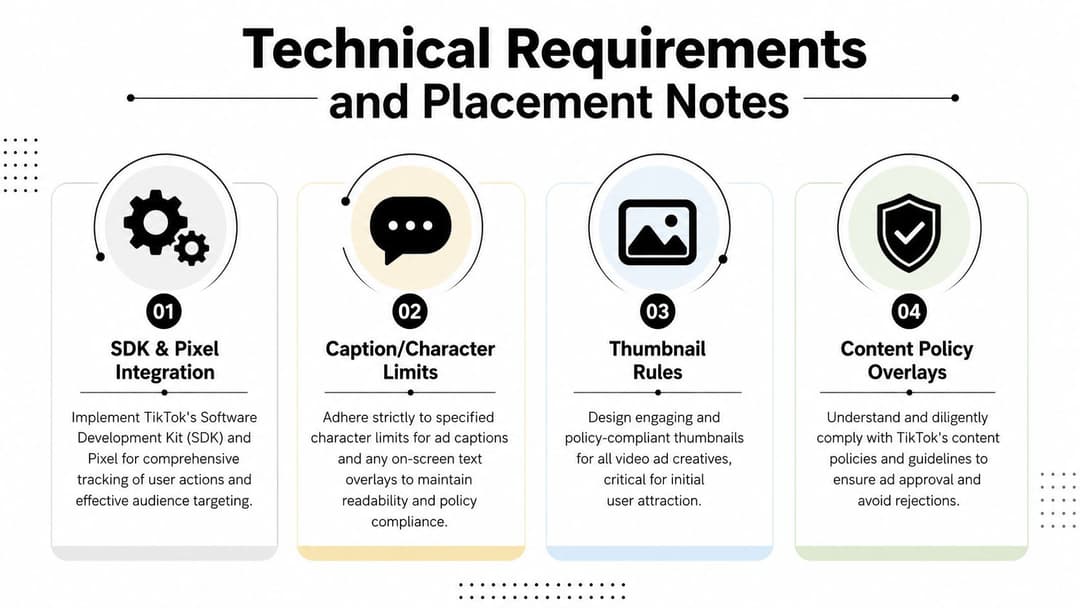 An infographic titled Technical Requirements and Placement Notes for TikTok ads, outlining four essential steps for advertisers.
