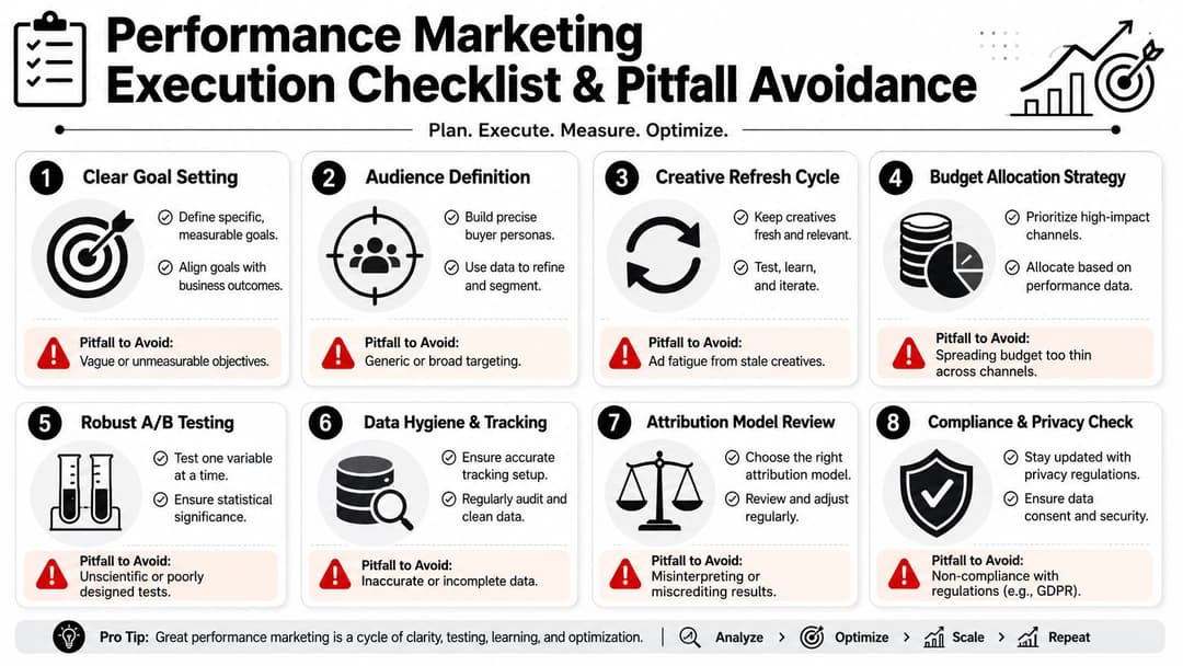 A comprehensive checklist for performance marketing execution, outlining eight key steps to optimize campaigns and avoid common pitfalls.
