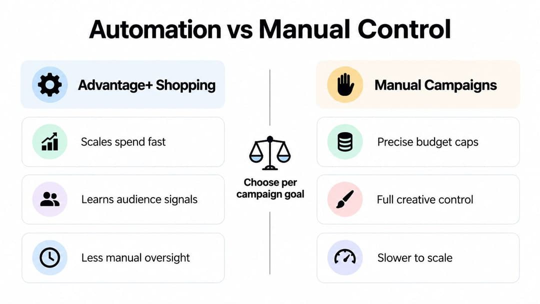 A comparison chart showing the benefits of automated Advantage plus shopping campaigns versus manual control marketing campaigns.