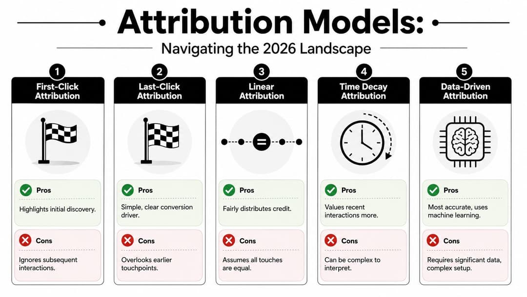 A diagram illustrating five different marketing attribution models with their pros and cons for ecommerce analysis.