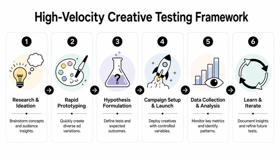 A six-step infographic illustrating a high-velocity creative testing framework for performance marketing campaigns and optimization.