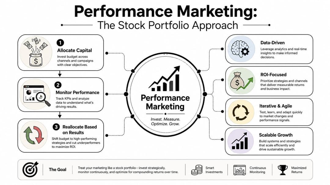 A diagram explaining the stock portfolio approach to performance marketing through strategic allocation, monitoring, and iterative growth.