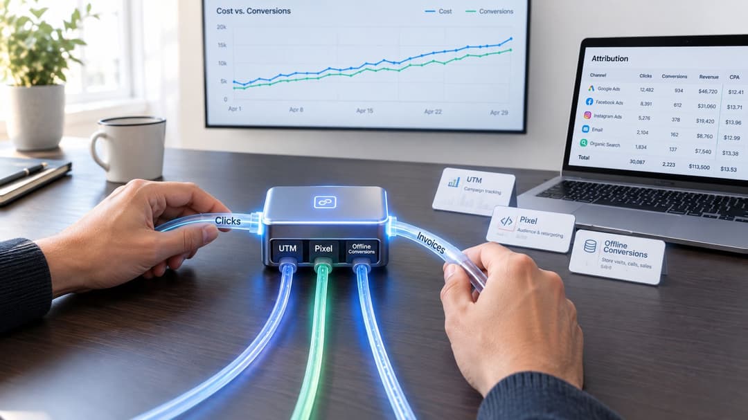 A person connecting digital data sources like clicks and invoices into a central analytics hub on a desk.
