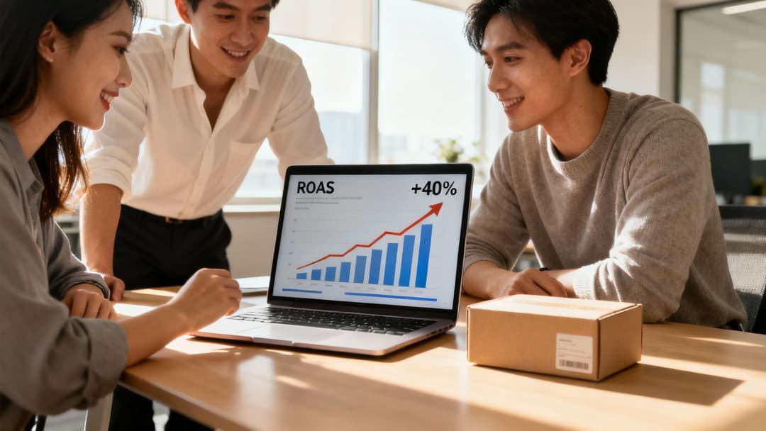 Happy business colleagues discussing marketing performance chart displaying 40% ROAS increase on a laptop.