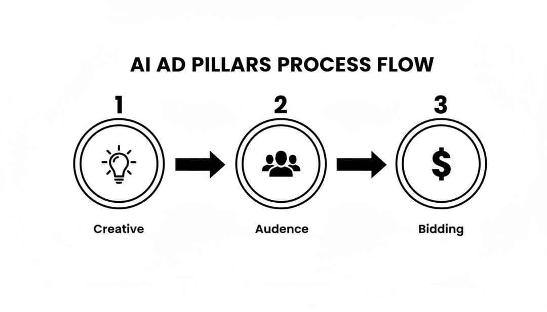 AI Ad Pillars process flow diagram showing Creative, Audience, and Bidding steps for digital advertising.
