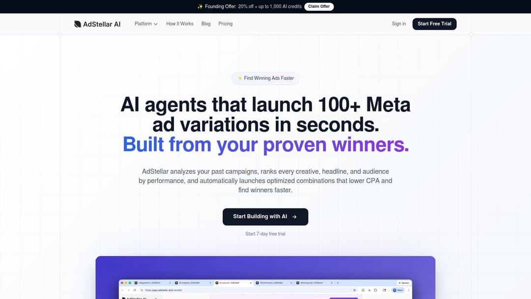 An image showcasing AdStellar AI's dashboard, displaying campaign performance metrics and creative variations, highlighting its utility for marketing agencies.