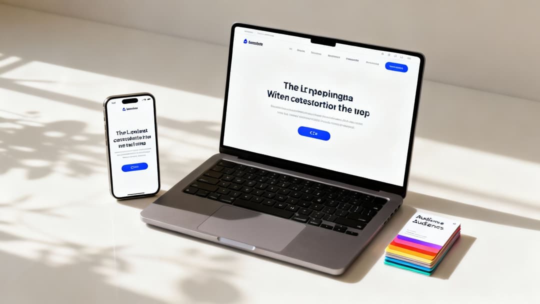 A modern workspace featuring a laptop, smartphone, and colorful cards, all displaying website content.