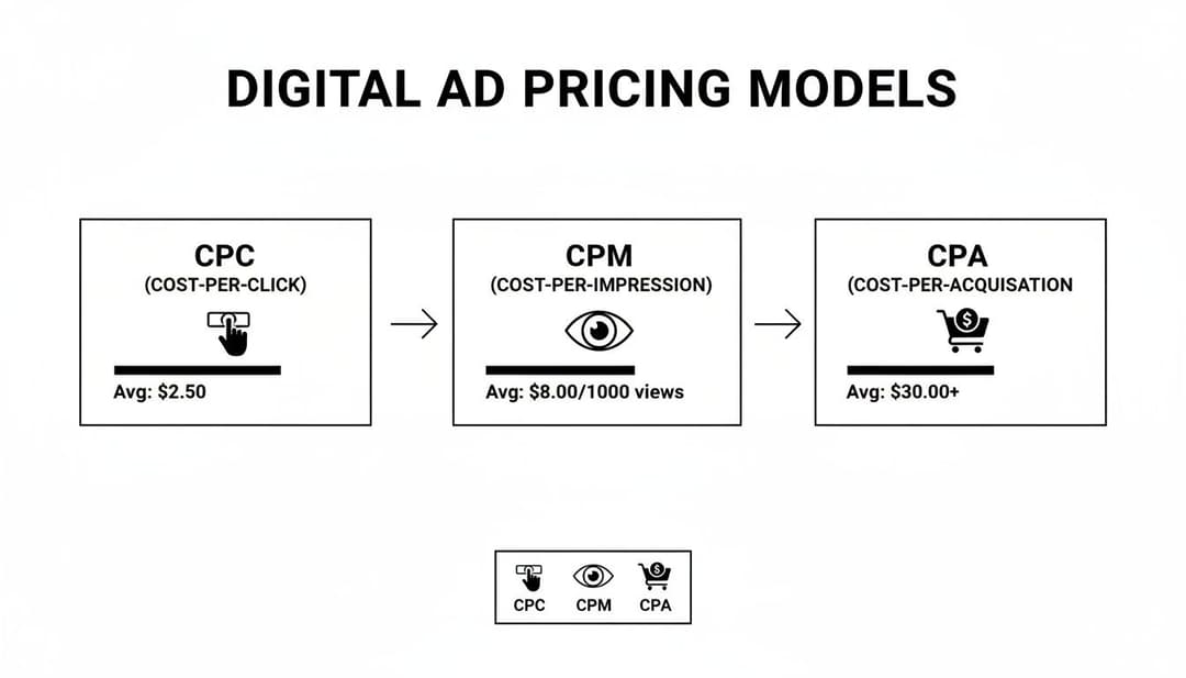 Diagram illustrating digital ad pricing models: CPC, CPM, and CPA, with their average costs.