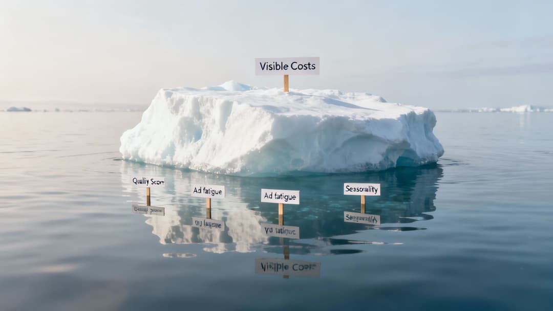 An iceberg showing 'Visible Costs' above water and 'Quality Score', 'Ad fatigue', 'Seasonality' below, representing hidden costs.
