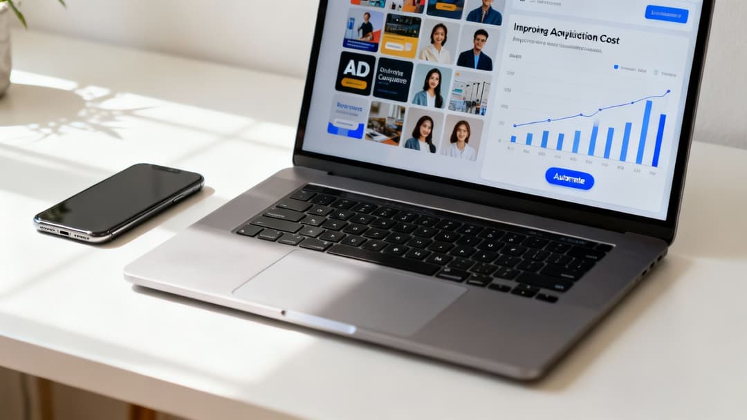 A laptop displaying a graph of improving acquisition cost data and various profile pictures, with a smartphone.