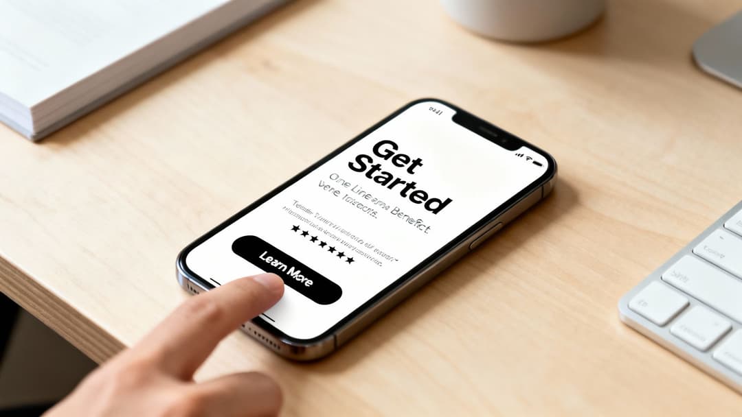 A hand taps a smartphone displaying a 'Get Started' screen and a 'Learn More' button.