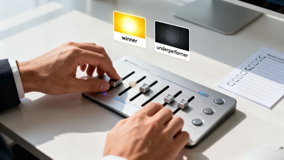 Hands adjust faders on a control panel, optimizing performance between a 'winner' and 'underperformer'.