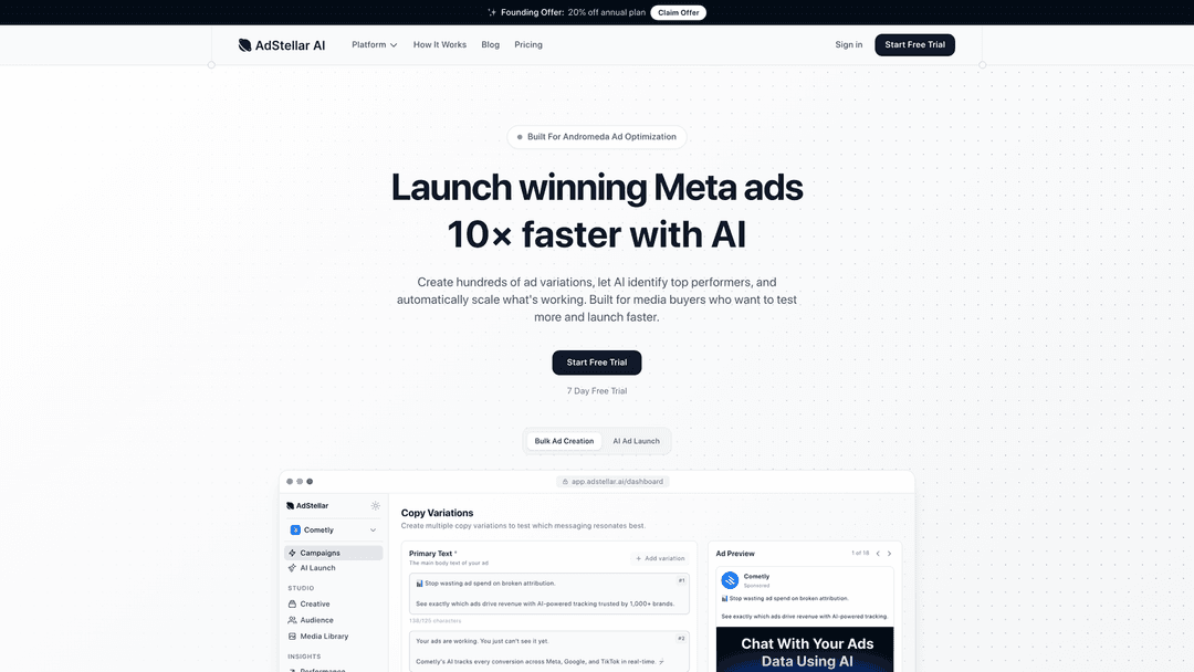 Screenshot of AdStellar AI website homepage
