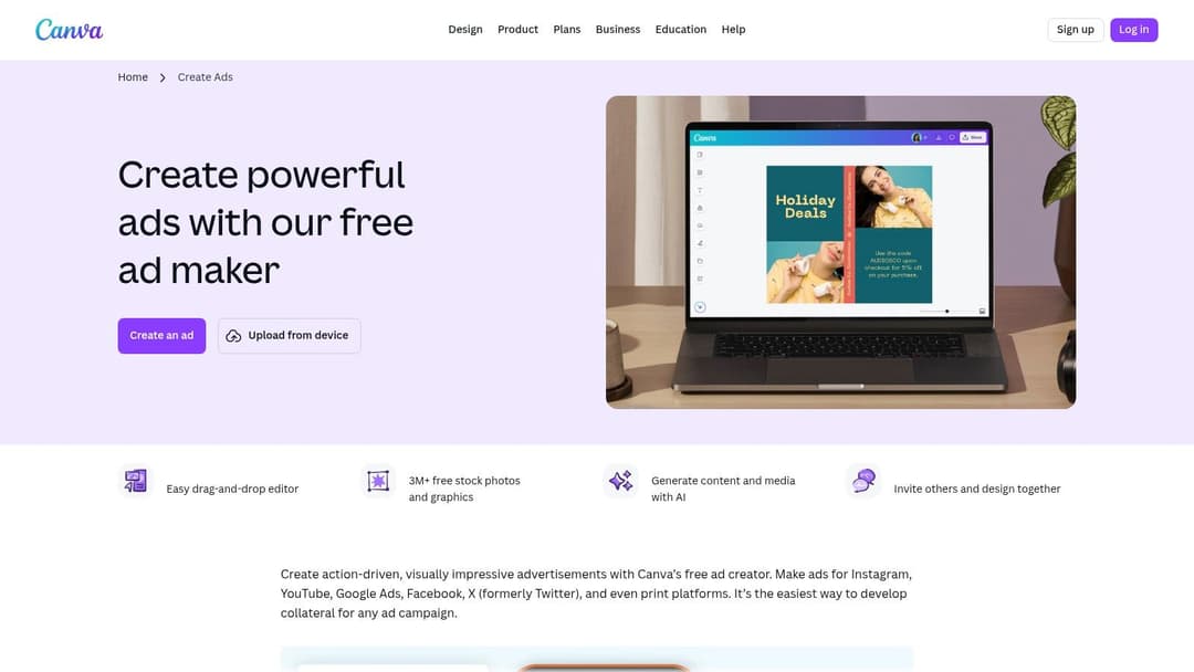 A screenshot of the Canva interface showing various ad template designs for different platforms like Instagram and Facebook.