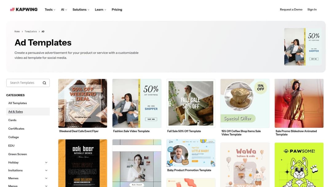 A screenshot of the Kapwing interface showing a gallery of video ad templates for social media.