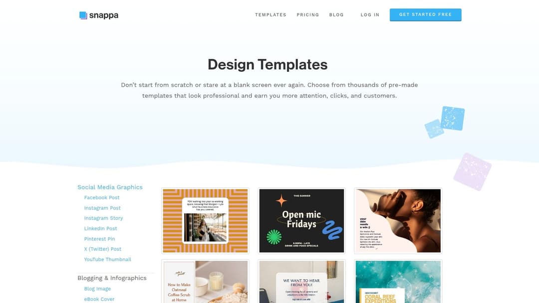 A screenshot of the Snappa interface showing a selection of pre-made ad templates and graphic design options.
