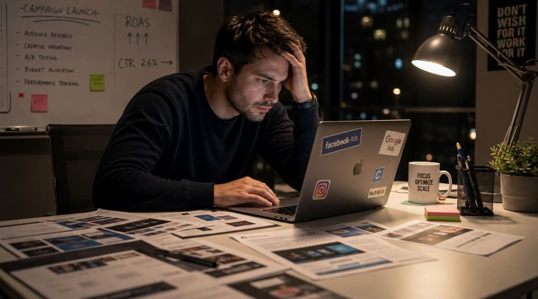A stressed marketing professional working late at night on a laptop surrounded by analytical campaign documents.