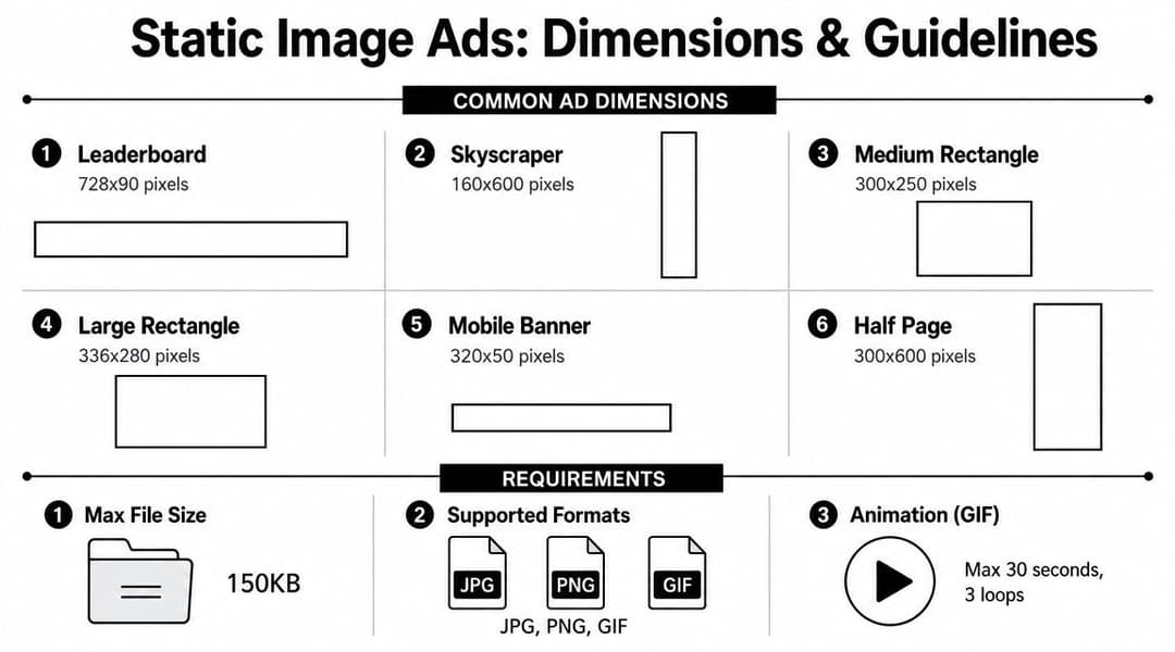A chart showing common Google display ads specs including standard dimensions, file sizes, and animation requirements.