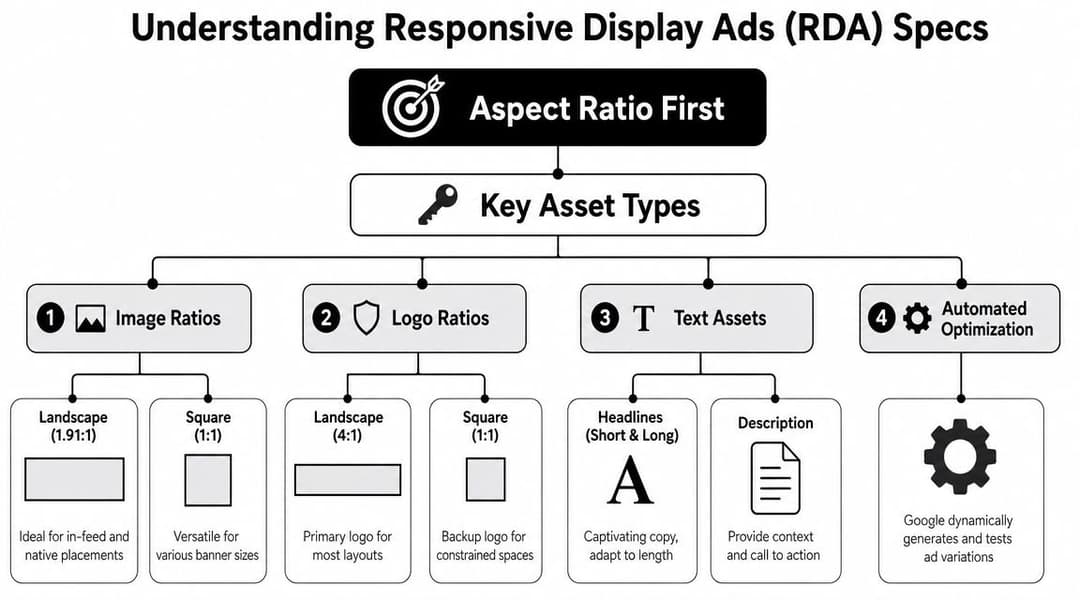 An infographic detailing the specifications for Google Responsive Display Ads including image ratios, logos, and text assets.