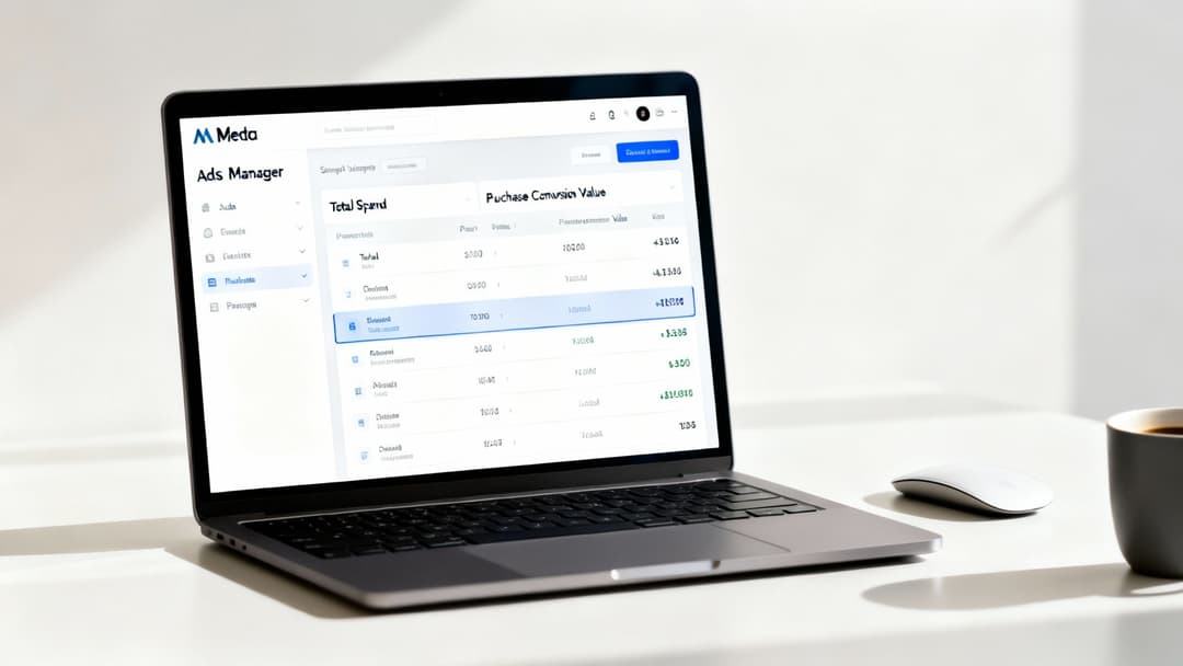Laptop displaying an ads manager dashboard with financial data like total spend and purchase conversion value.