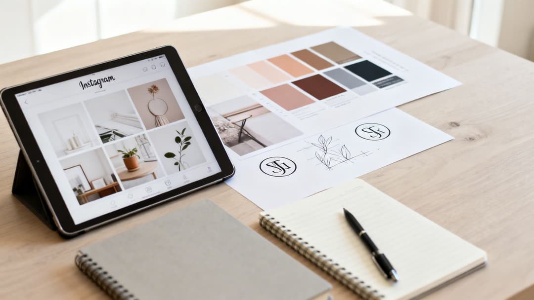 A tablet displaying an Instagram profile, design sketches, color palettes, and a notebook on a wooden desk.
