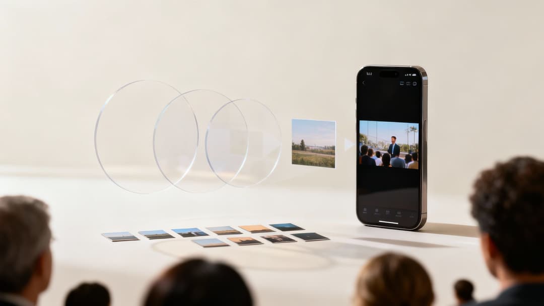 A smartphone displaying a video of a speaker presenting to an audience, with abstract transparent circles and small photo prints.