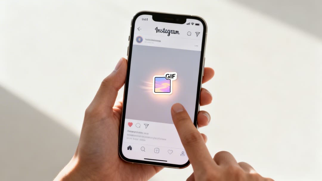 A person's hand holds an iPhone displaying the Instagram app with a colorful GIF sticker on screen.