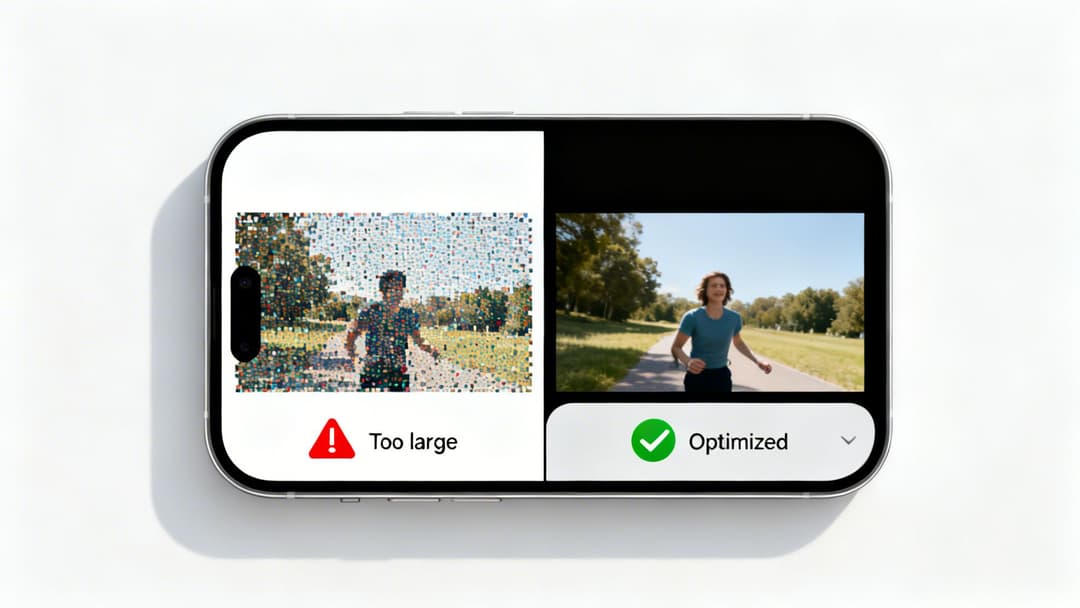 A smartphone screen displays two images: a pixelated one labeled 'Too large' and a clear 'Optimized' photo.