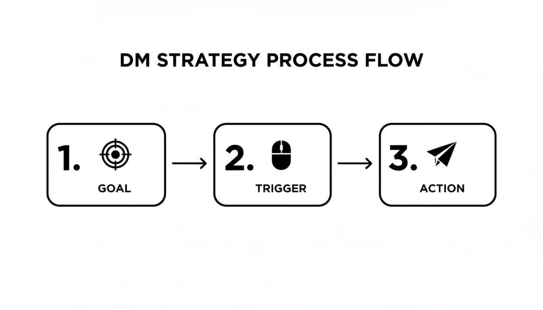 A DM strategy process flow diagram illustrating three sequential steps: Goal, Trigger, and Action.