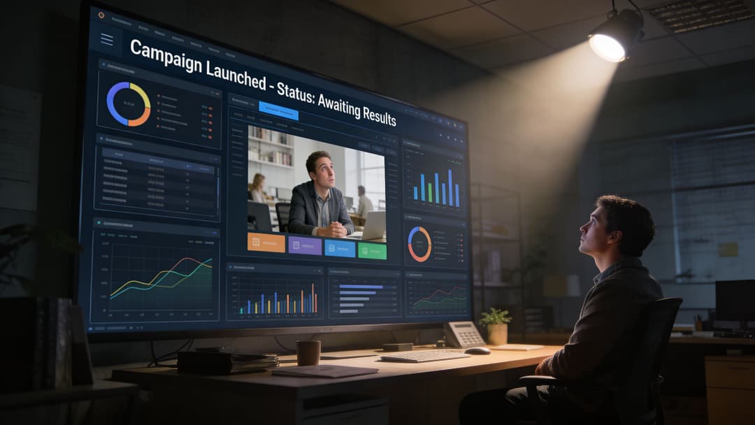 A professional man sitting at a desk looking up at a massive screen displaying marketing campaign analytics.