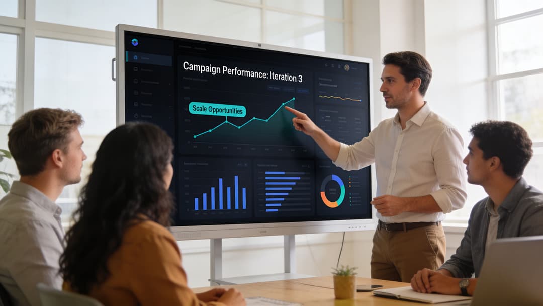 A professional team discussing iterative design processes and campaign performance analytics during a collaborative office meeting.