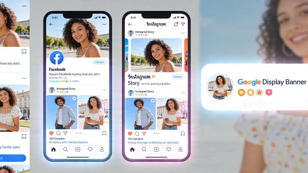 A digital mockup displaying social media ad layouts for Facebook, Instagram, and a Google Display Banner advertisement.