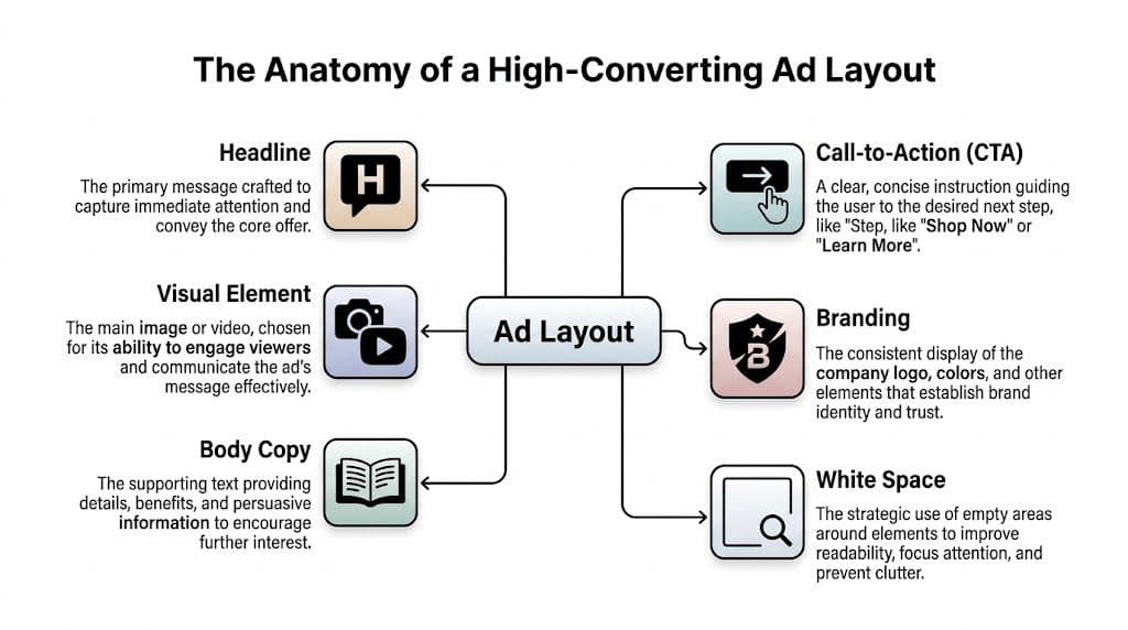 A diagram illustrating the core elements of a high-converting advertisement layout, including branding, body copy, and CTA.