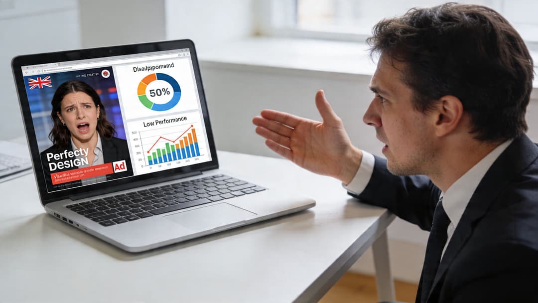 A businessman in a suit gestures towards a laptop displaying analytics charts and a disappointed woman.