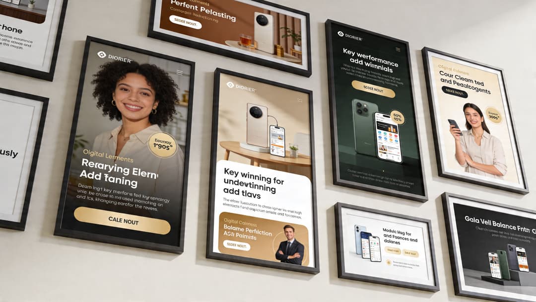 A gallery wall featuring multiple framed digital advertisements displaying mobile devices and promotional marketing content.