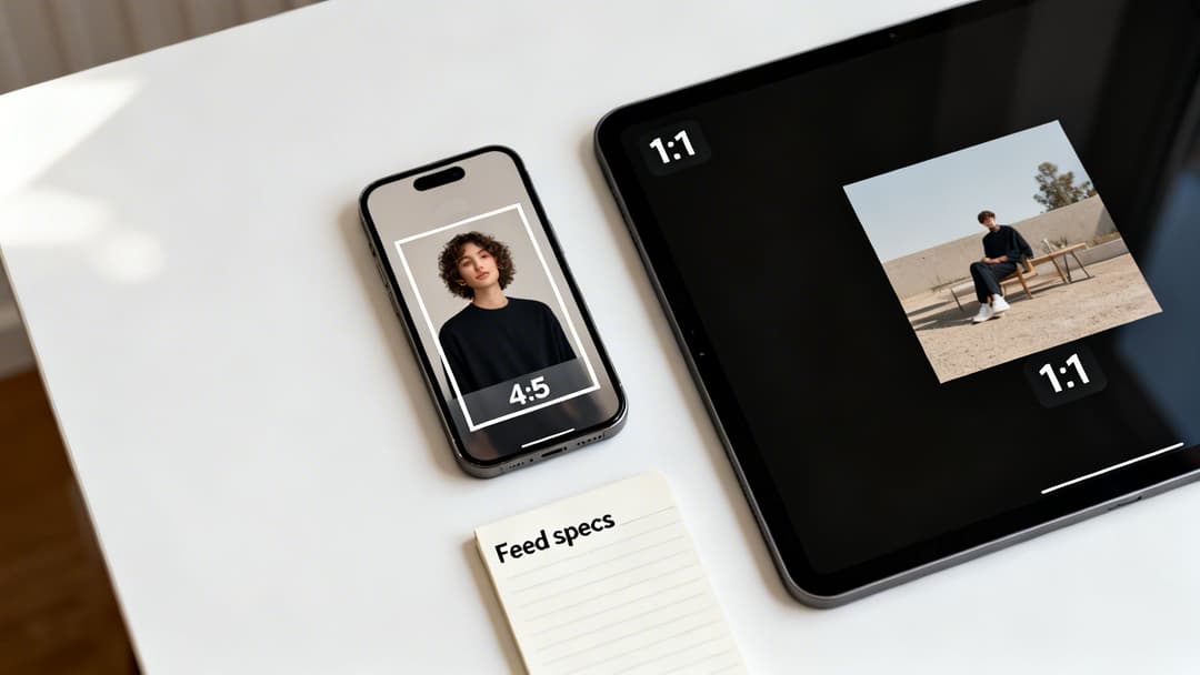 A smartphone and tablet display different image crop ratios (4:5 and 1:1) next to a 'Feed specs' note.