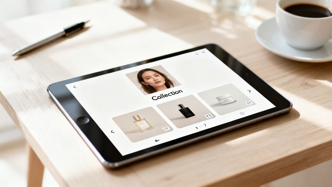 A tablet on a wooden table displays a beauty product collection with perfumes and cream.