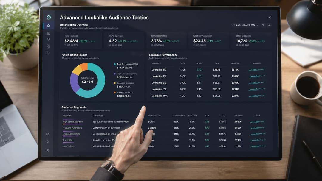 A digital dashboard showing advanced lookalike audience tactics, performance metrics, and revenue data on a computer screen.