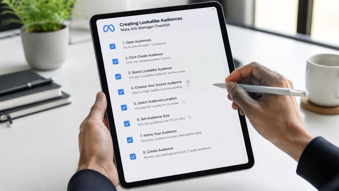 A person using a stylus on a tablet displaying a Meta Ads Manager checklist for creating lookalike audiences.