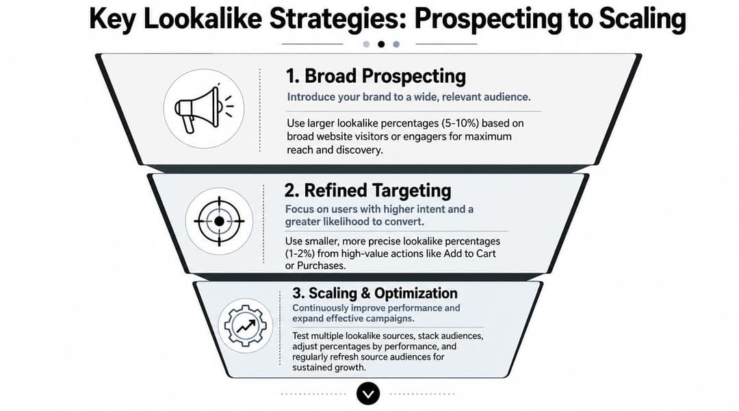 A funnel diagram illustrating three key lookalike audience strategies: broad prospecting, refined targeting, and scaling and optimization.