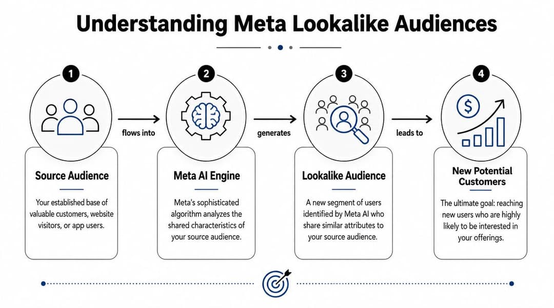 A flowchart showing how the Meta AI engine processes a source audience to create a lookalike audience.