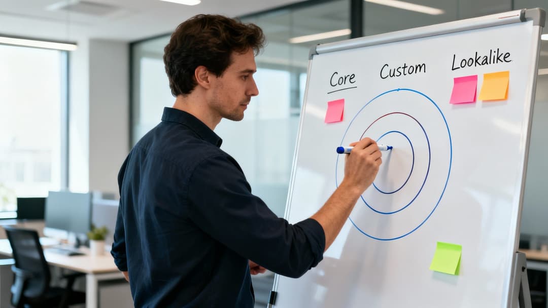 A man drawing a target diagram on a whiteboard with "Core," "Custom," and "Lookalike" labels.
