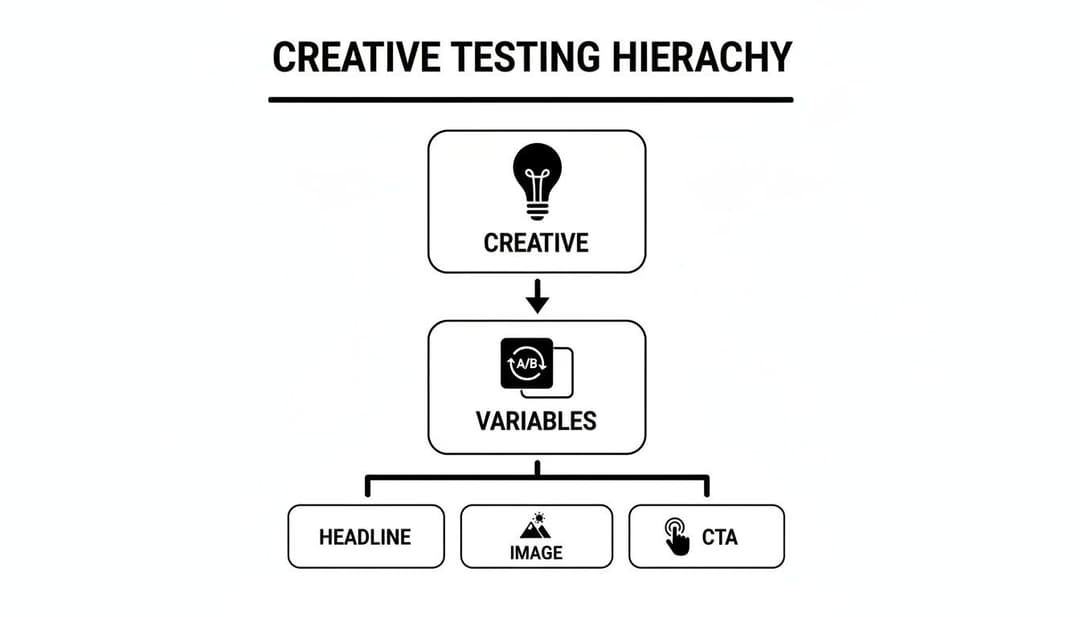 A hierarchy diagram illustrating creative testing, starting from creative ideas, then identifying variables like headline, image, and CTA.
