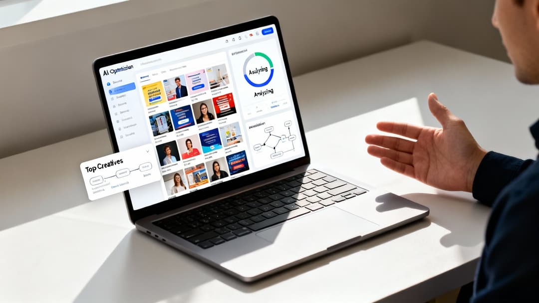 Man analyzing AI optimization metrics and creative performance on a laptop dashboard.