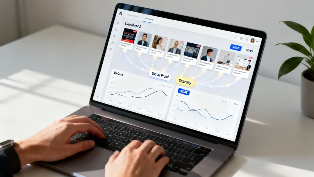 A person typing on a laptop displaying a dashboard with graphs and cards related to social proof and scarcity.