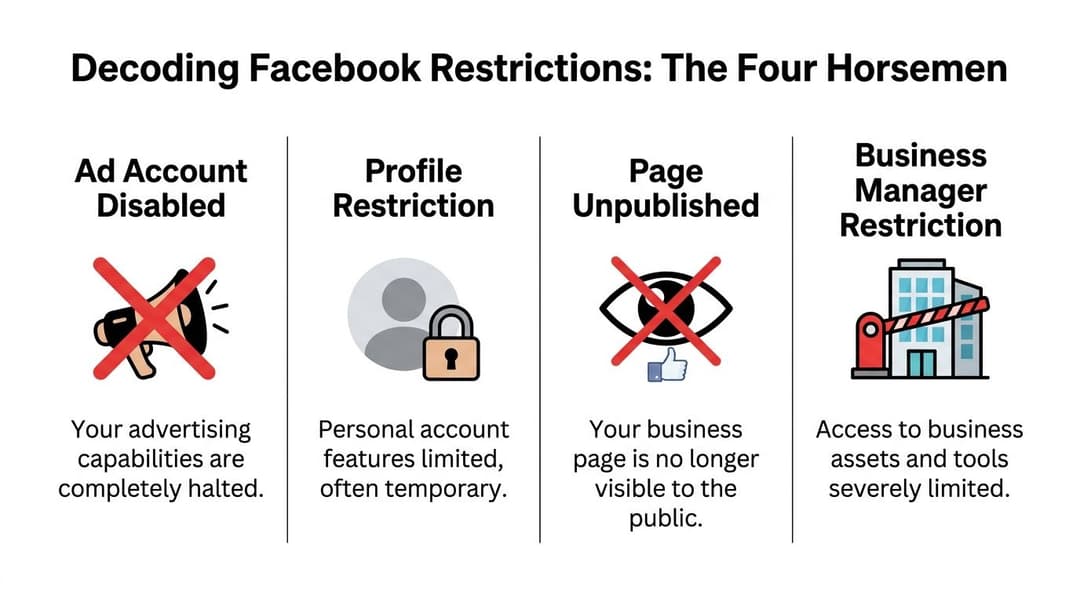 An infographic titled Decoding Facebook Restrictions showing four types of Facebook account and business page limitations.