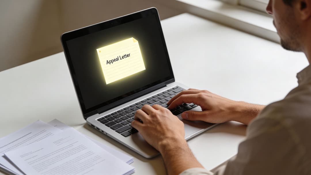 A person sitting at a desk typing on a laptop with an appeal letter note displayed on screen.