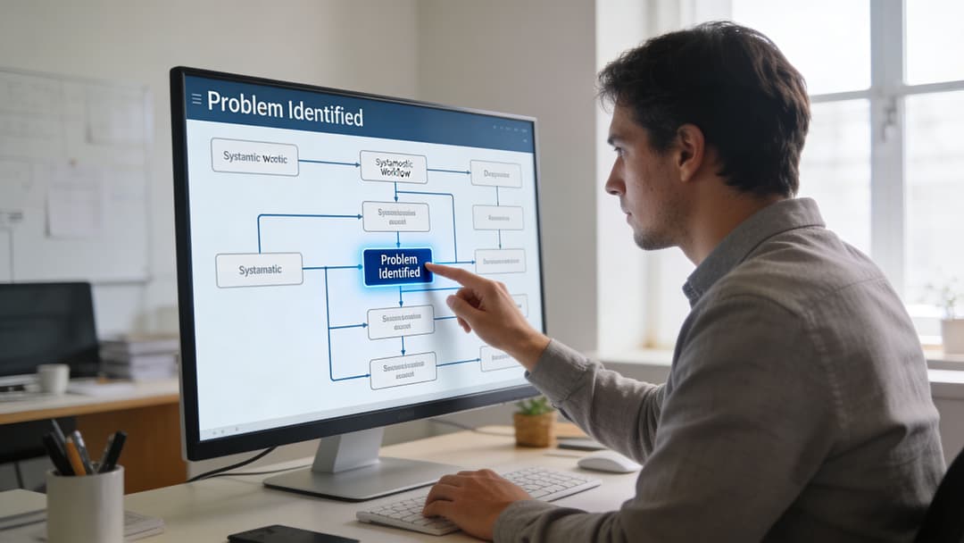 A man pointing at a flow chart on a computer monitor titled Problem Identified in an office setting.